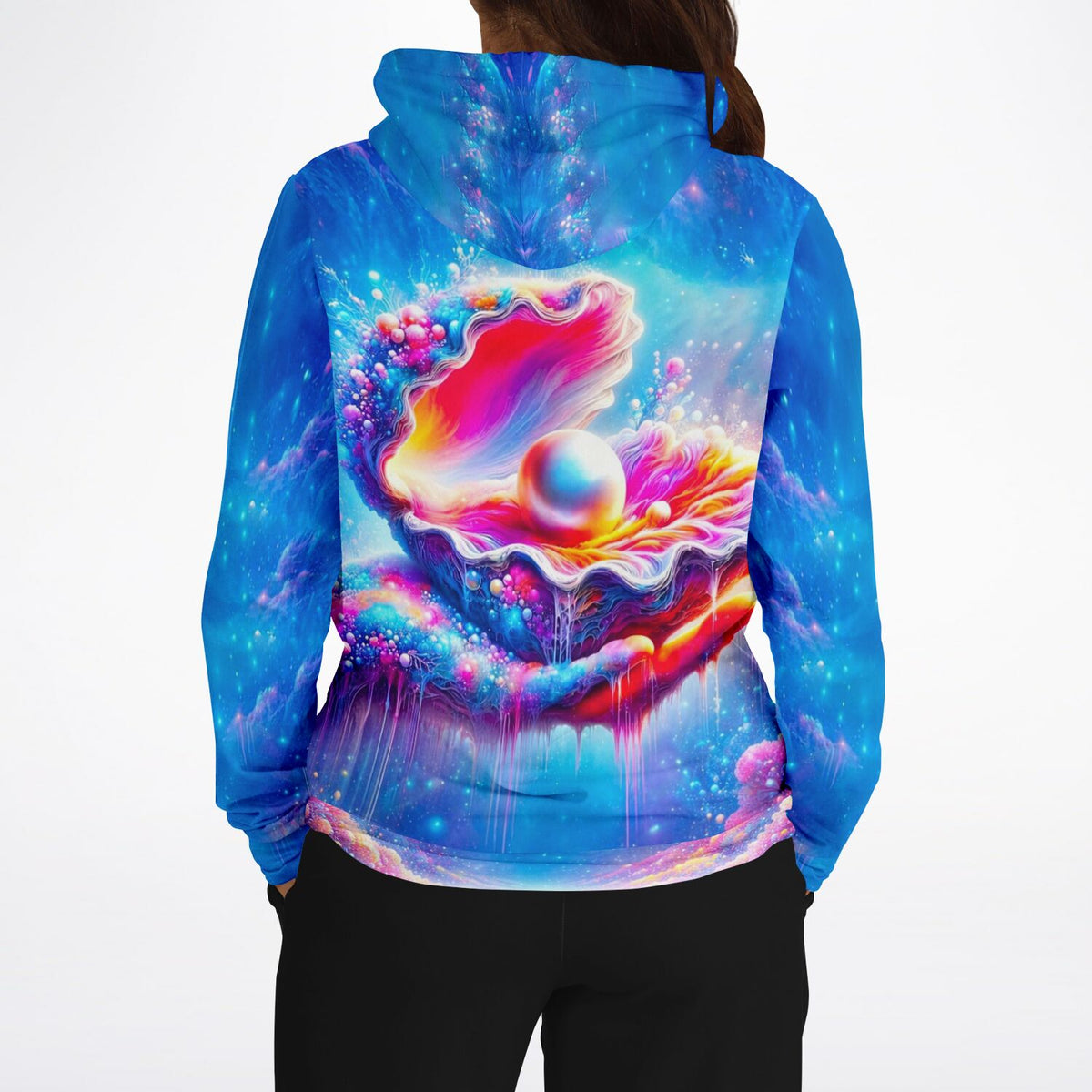 Dreamer Hoodie Zauber des Meeres mit farbenprächtigem Muschel-Motiv und glänzender Perle in blauem Design