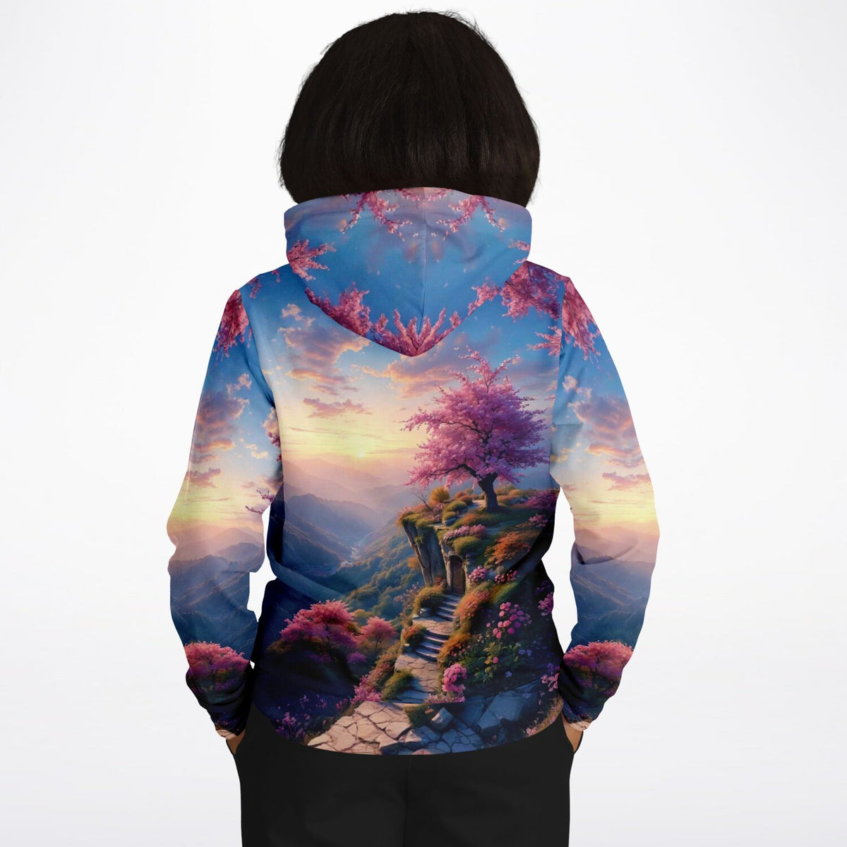 Dreamer Hoodie Morgendämmerung mit Motiv eines blühenden Kirschbaums bei Sonnenaufgang, hochwertiger All-Over-Print