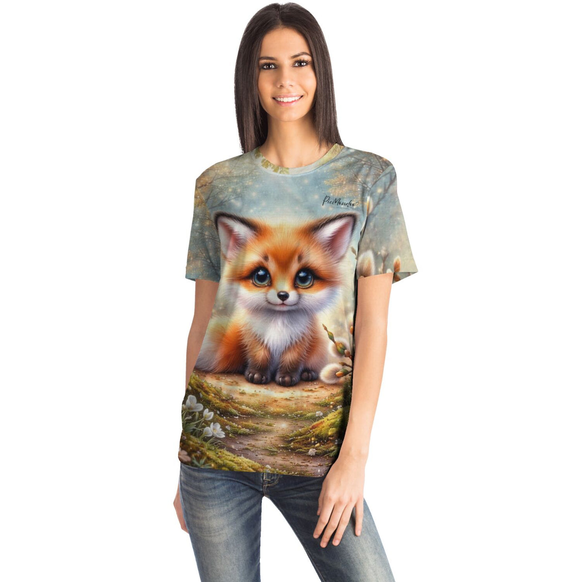 Frau trägt Dreamer T-Shirt mit süßem Fuchs Motiv im Designstil von Diamond Painting und Malen nach Zahlen Kunst