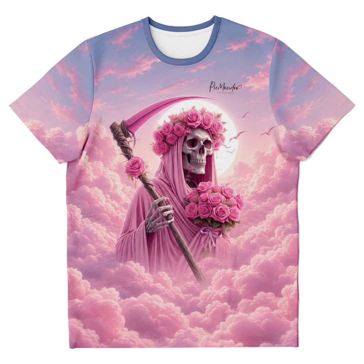 T-Shirt mit Totenkopf und Rosen Motiv, inspiriert von Diamond Painting Kunstwerken in sanften Rosa- und Blautönen