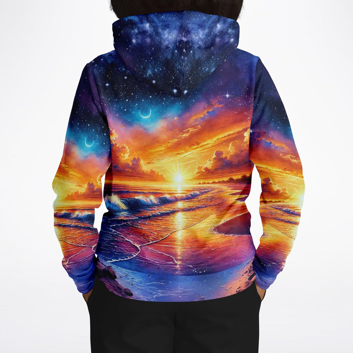 Dreamer Hoodie mit farbenfrohem Sonnenuntergang, Sternenhimmel und Ozean Motiv für Fans von Diamond Painting Kunst