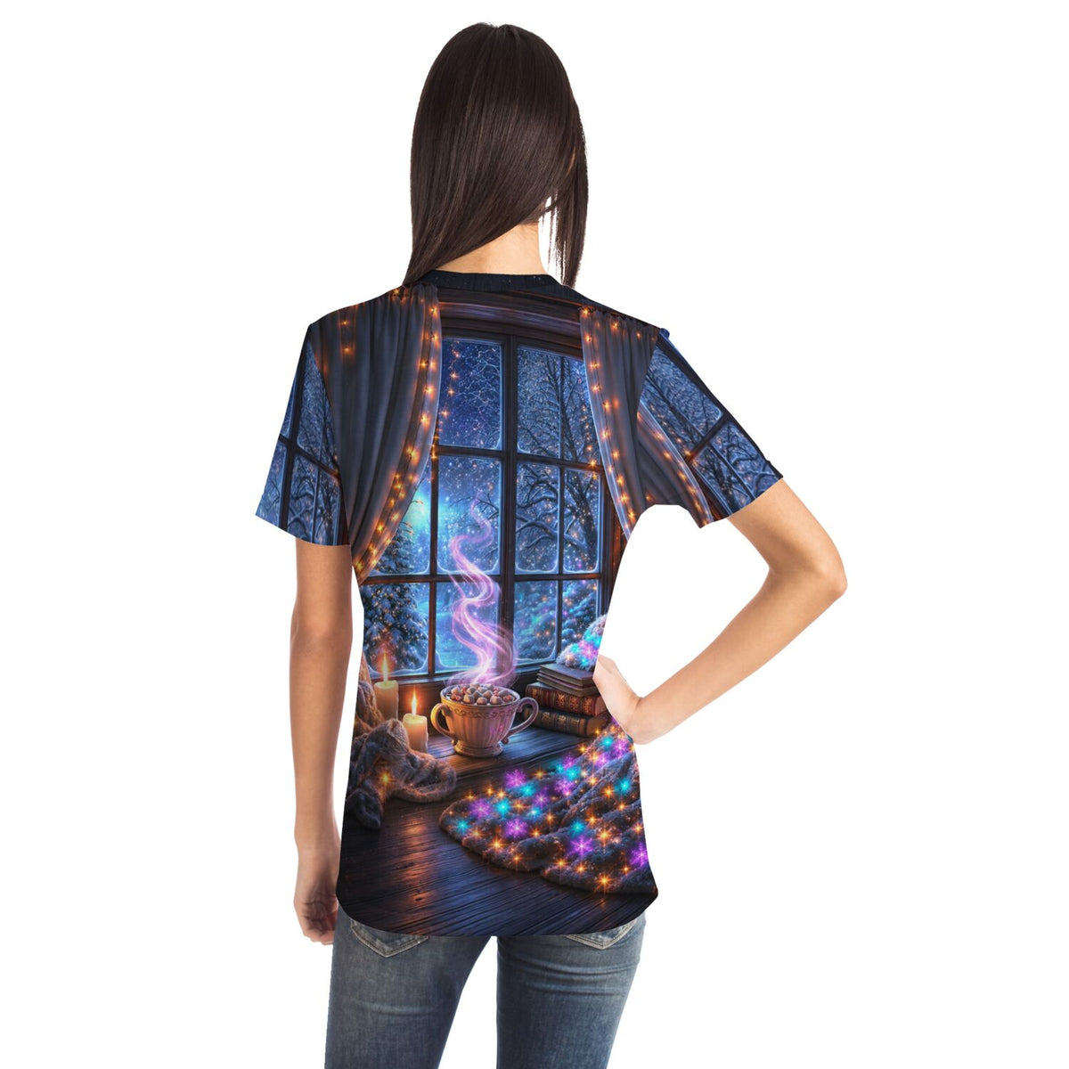 T-Shirt mit weihnachtlichem Fenster-Motiv, das an die Detailtiefe von Diamond Painting oder Malen nach Zahlen erinnert.