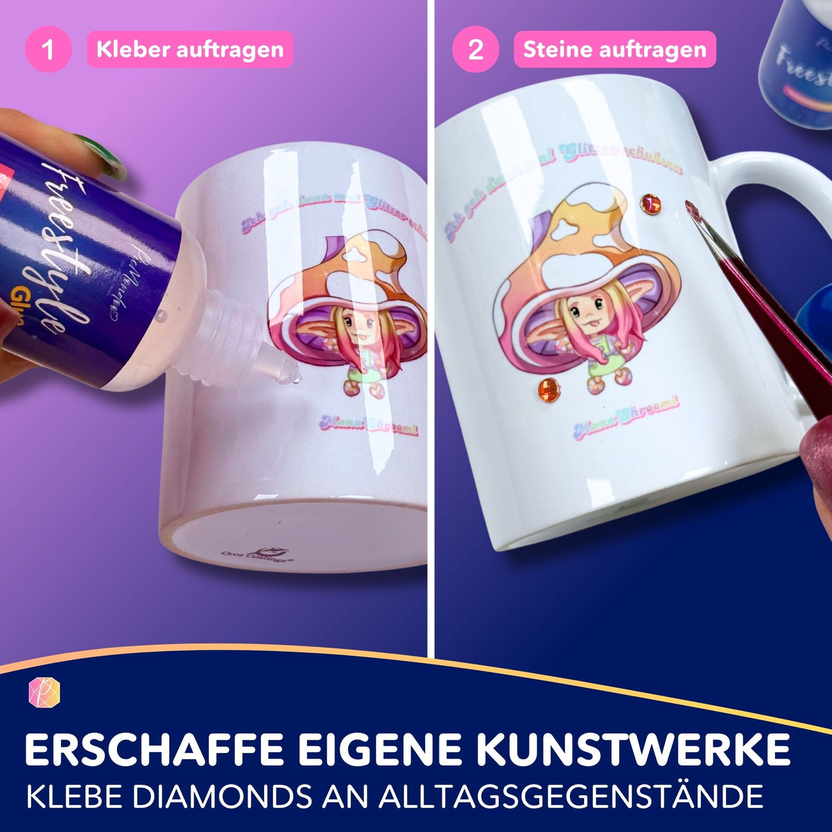 Anwendung von Picmondoo Freestyle Glue zum Aufkleben von Diamond Painting Steinen auf eine Keramiktasse