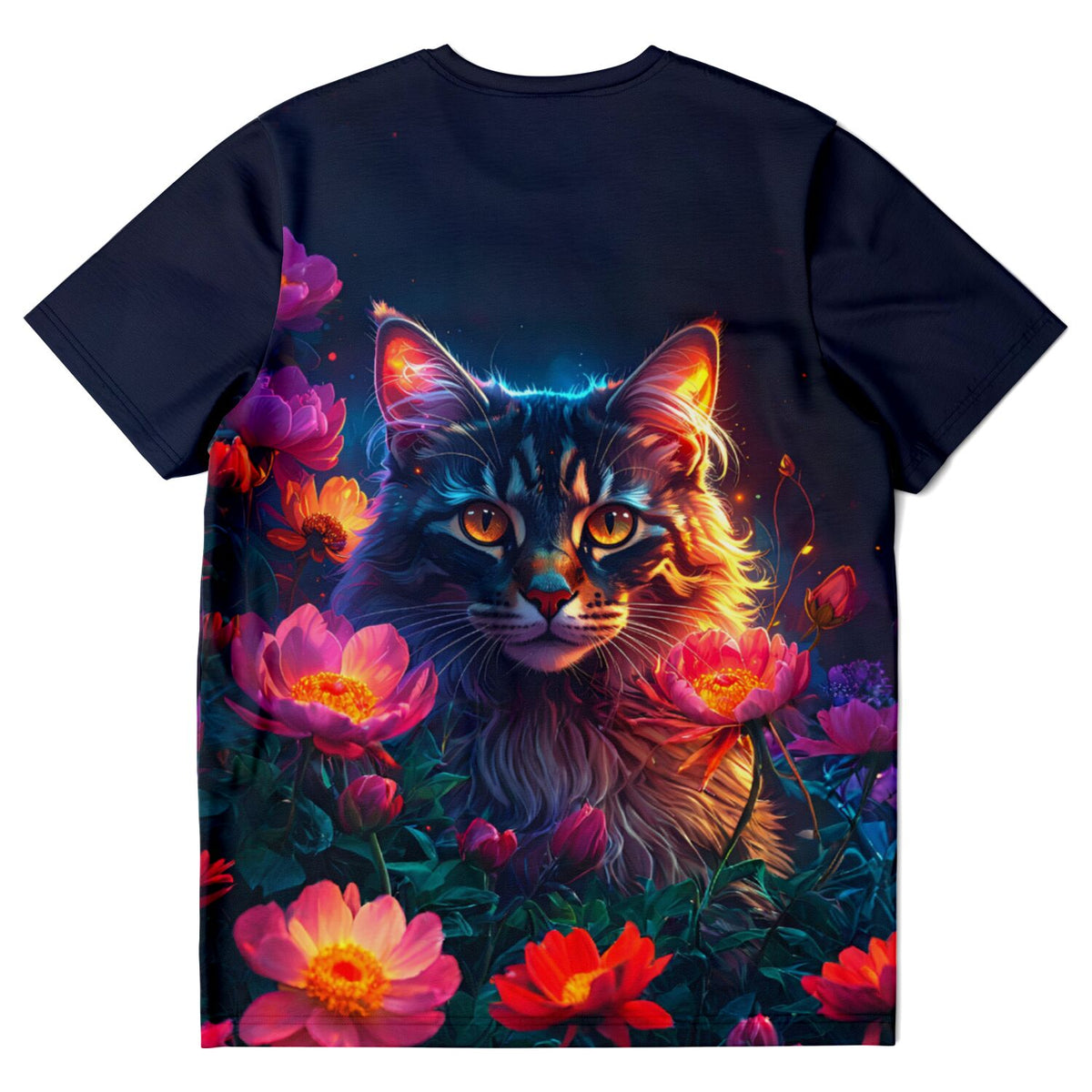 Schwarzes Dreamer T-Shirt mit leuchtendem Katzen-Motiv inmitten farbenfroher Nachtblüten im Kunst-Stil