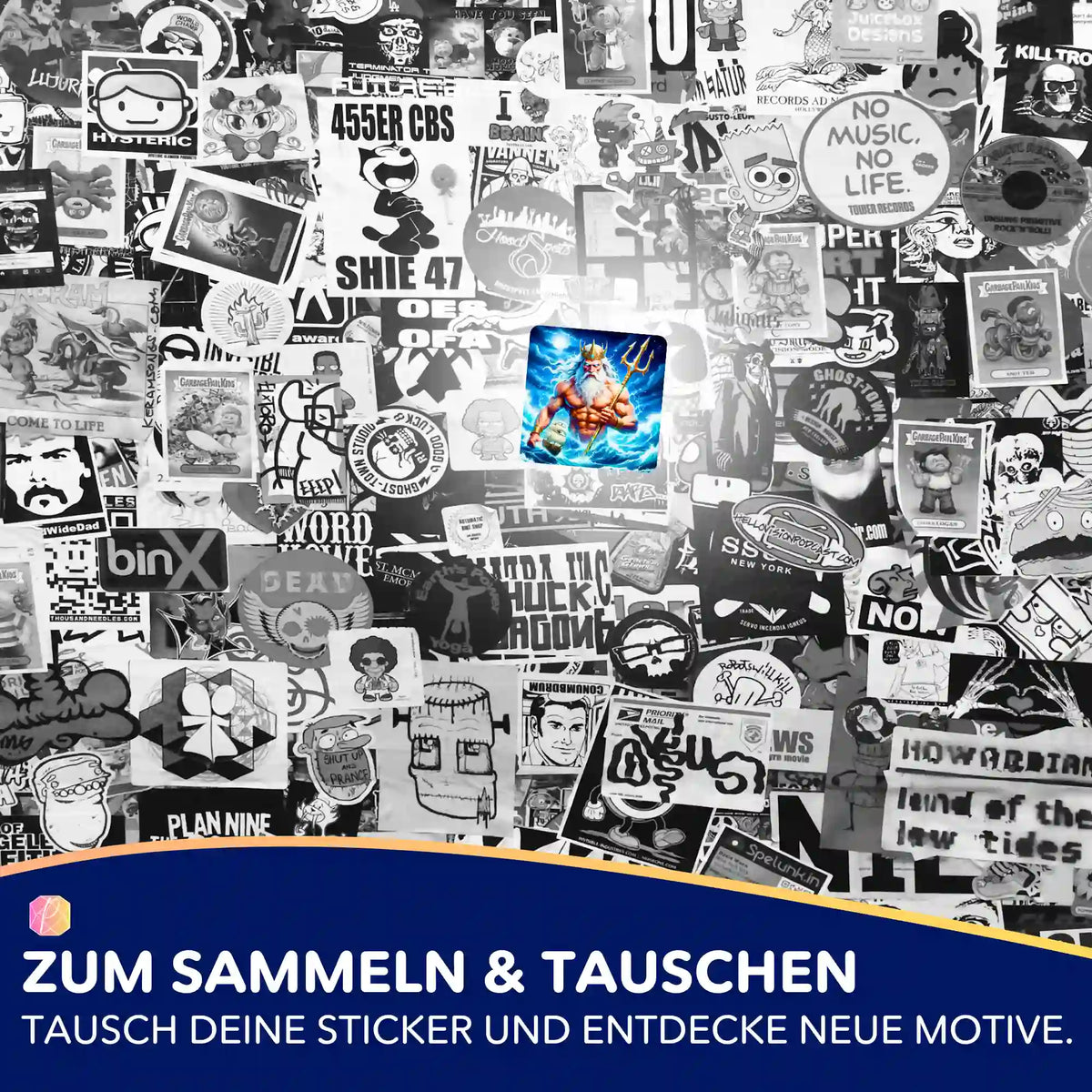 Poseidon Sticker für Diamond Painting Sets und Malen nach Zahlen Organisation auf einer Collage aus verschiedenen Stickern