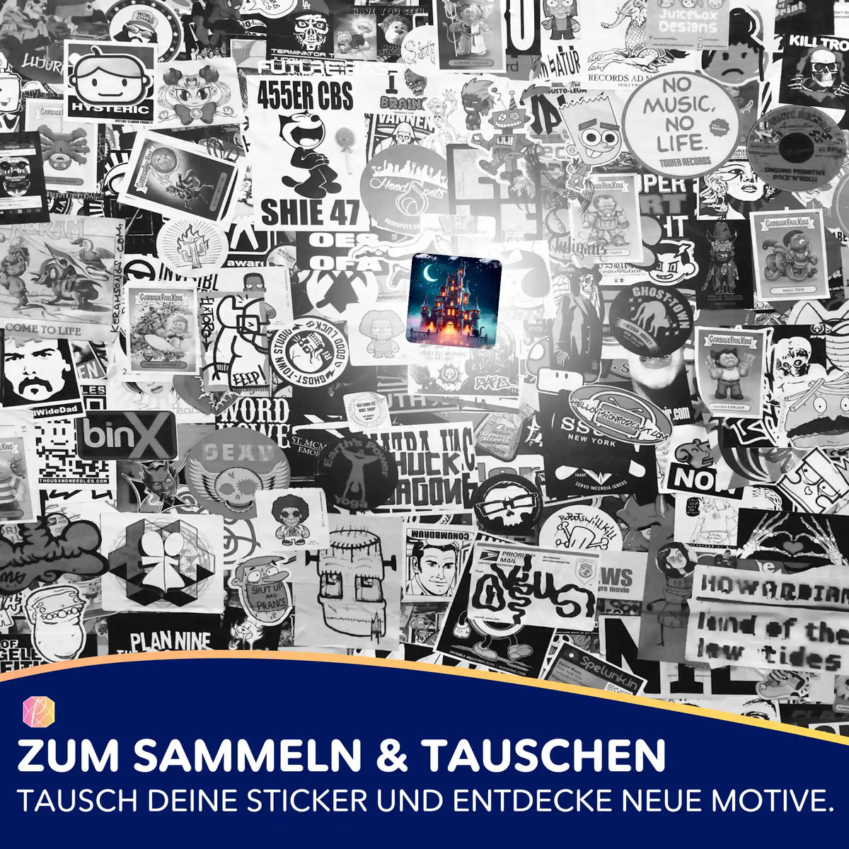 Buntes Nachtschloss-Motiv als Diamond Painting Aufkleber für dein DIY-Bastelset zur Organisation von Steinchen.