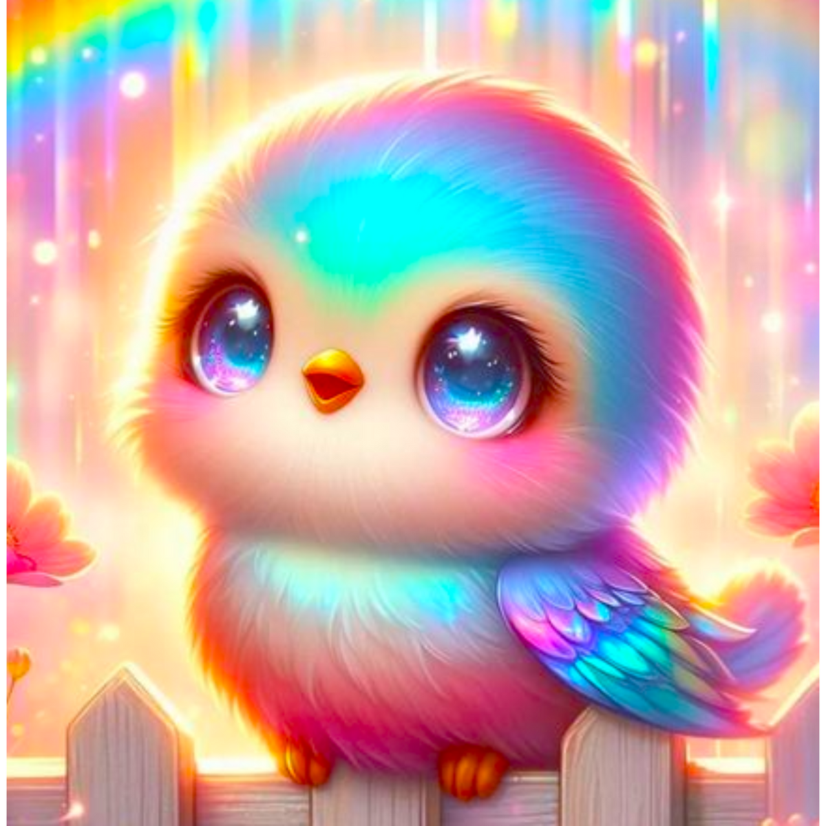 Diamond Painting Set Motiv Lotti: süßer, bunter Vogel mit großen glitzernden Augen auf einem Zaun in leuchtenden Farben.
