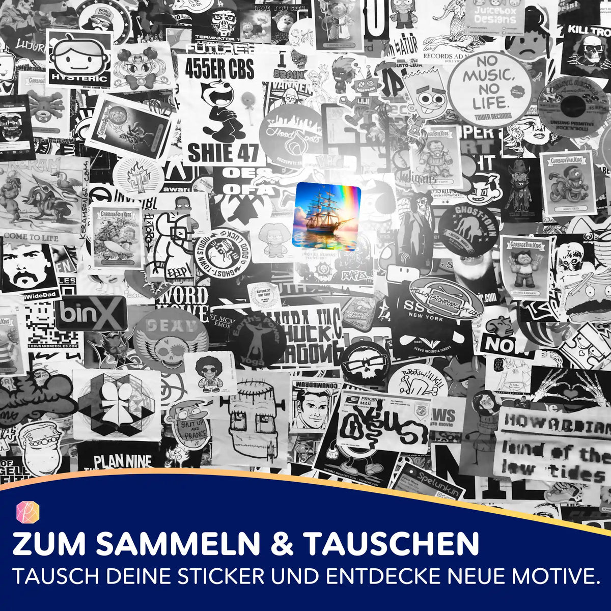 5er-Set Sticker Freiheit auf See für Diamond Painting Zubehör. Buntes Schiff-Motiv auf schwarz-weißer Sticker-Collage.