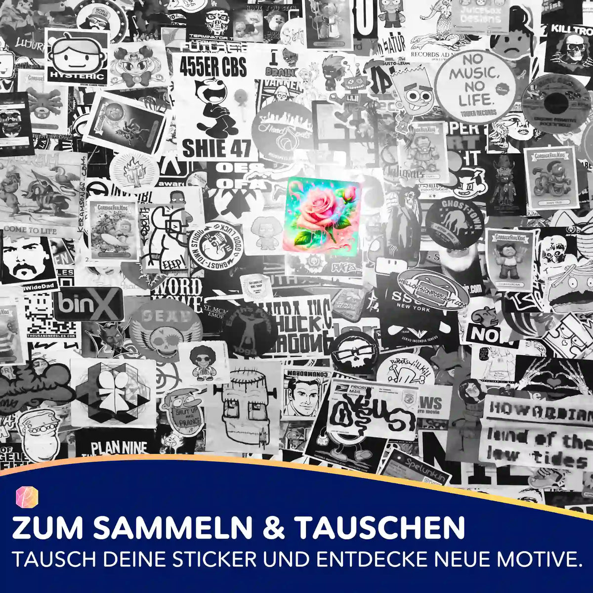 Candy Rose Sticker aus dem Picmondoo Diamond Painting Set als farbenfrohes Highlight auf einer schwarz-weißen Stickerwand