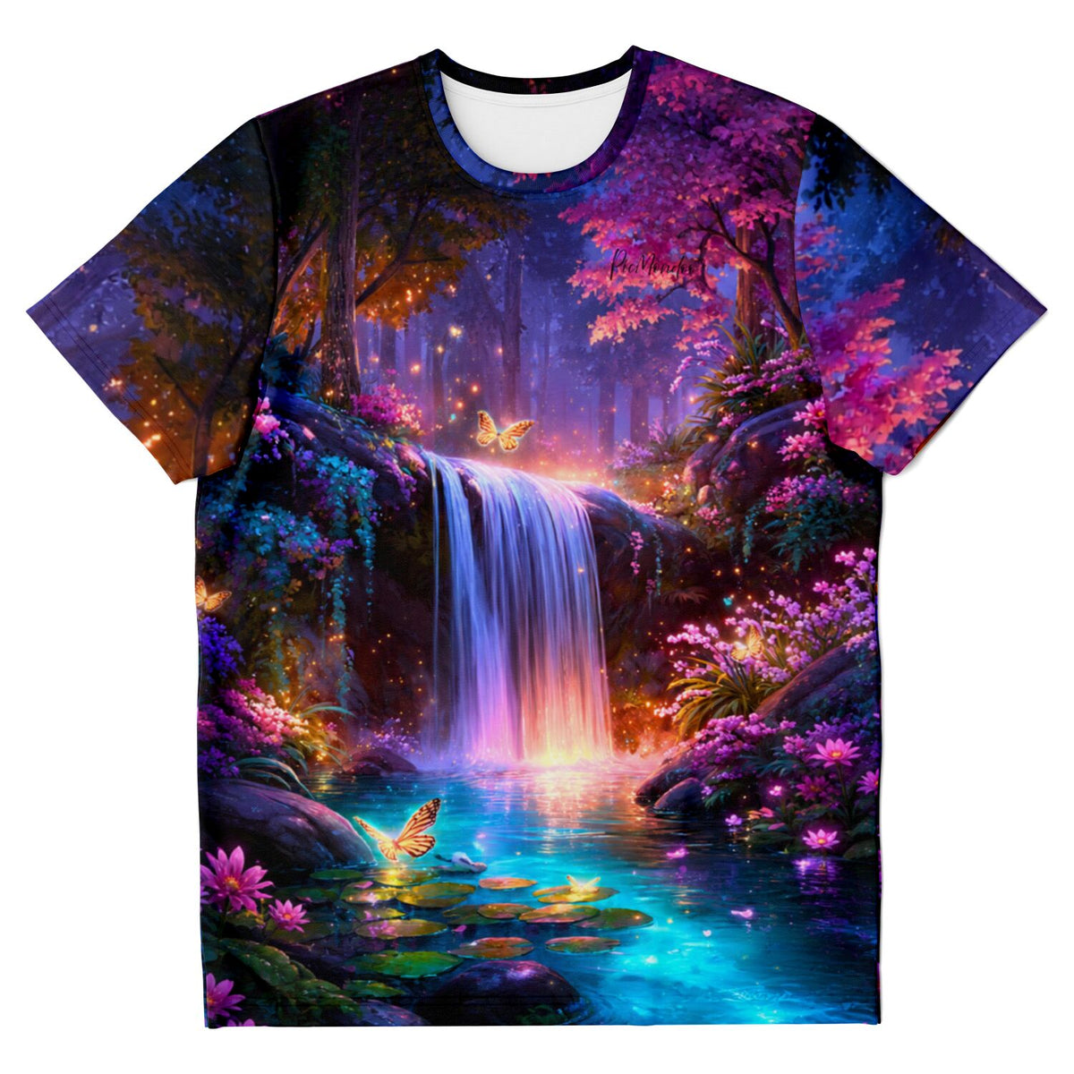 T-Shirt mit magischem Wasserfall-Motiv und Schmetterlingen im Stil von Diamond Painting und Malen nach Zahlen Designs.