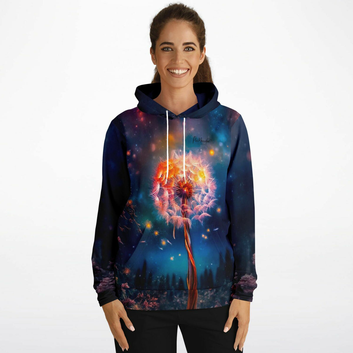 Dreamer Hoodie mit leuchtendem Pusteblumen-Motiv in nächtlicher Sternenhimmel-Optik für Kunst- und DIY-Liebhaber