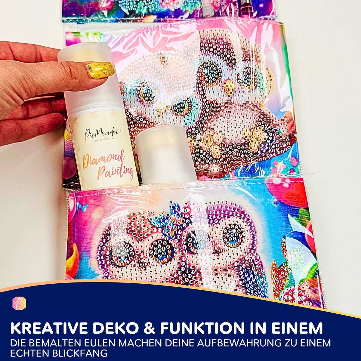 Diamond Painting Aufbewahrung mit buntem Eulenmotiv und Zubehör zum Bepainten für DIY-Fans