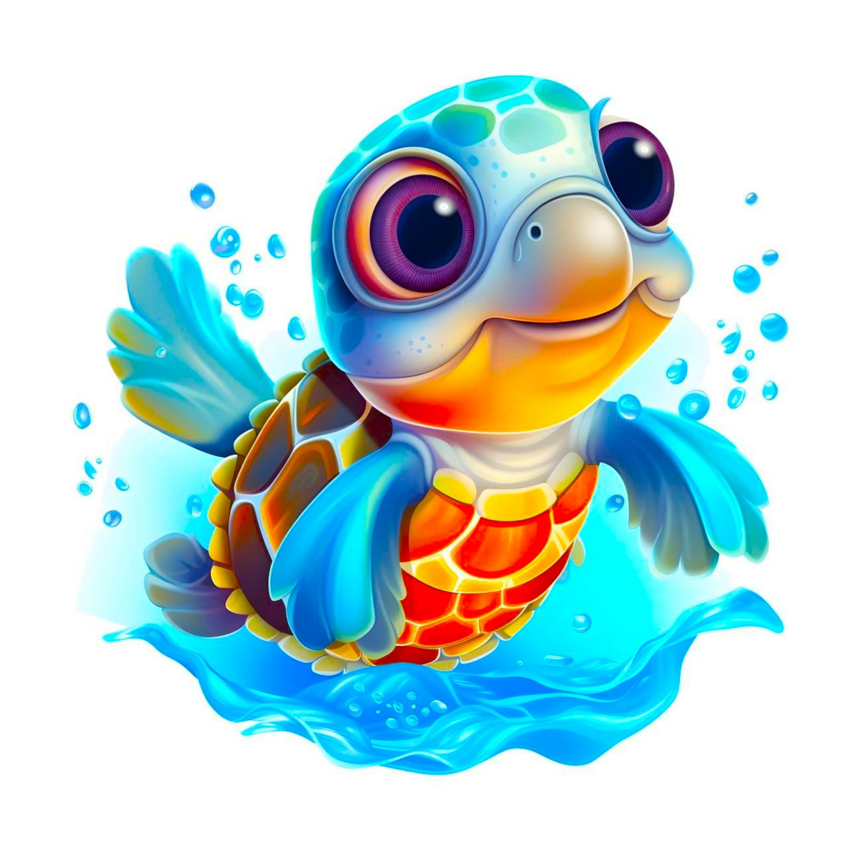 Diamond Painting Set Motiv: Niedliche planschende Babyschildkröte im bunten Unterwasser-Design mit Wassertropfen