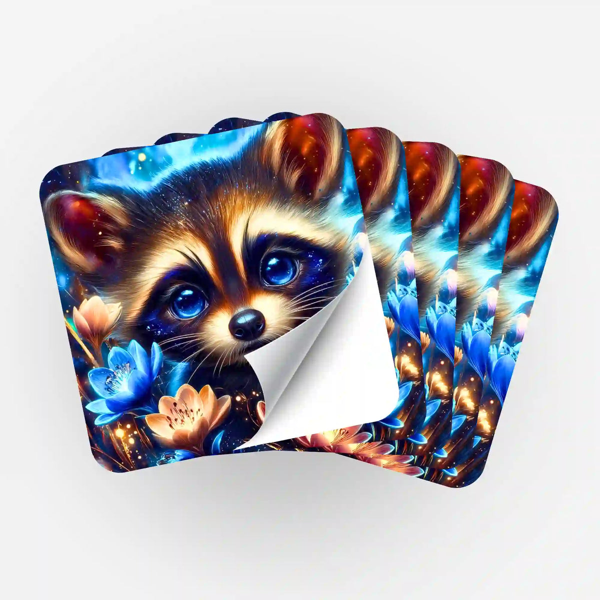 Fünfer-Set Sticker Augen voller Nacht passend für Diamond Painting und Malen nach Zahlen mit süßem Waschbären-Motiv