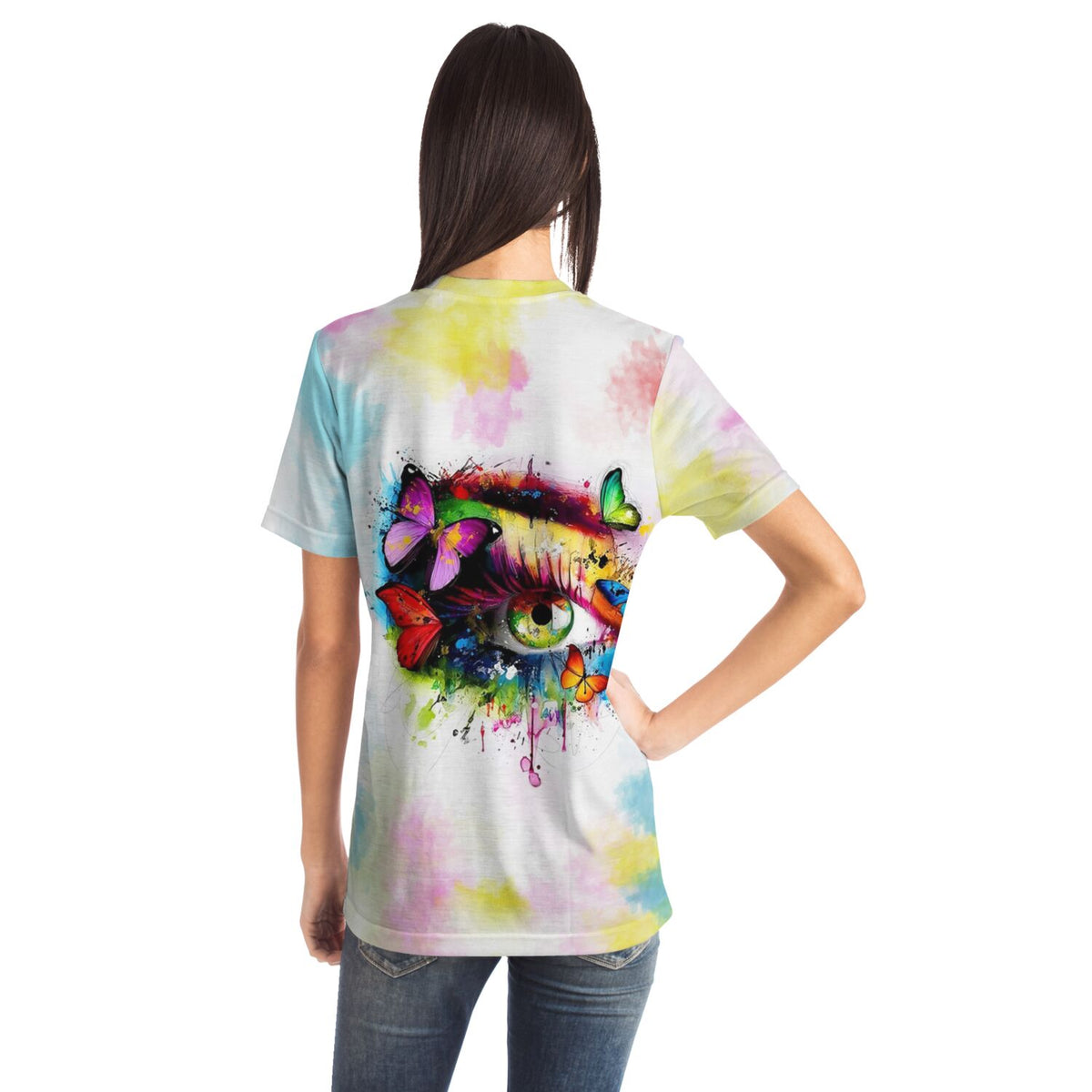 Weißes T-Shirt mit buntem Augen- und Schmetterlings-Motiv im Stil von Diamond Painting und Malen nach Zahlen