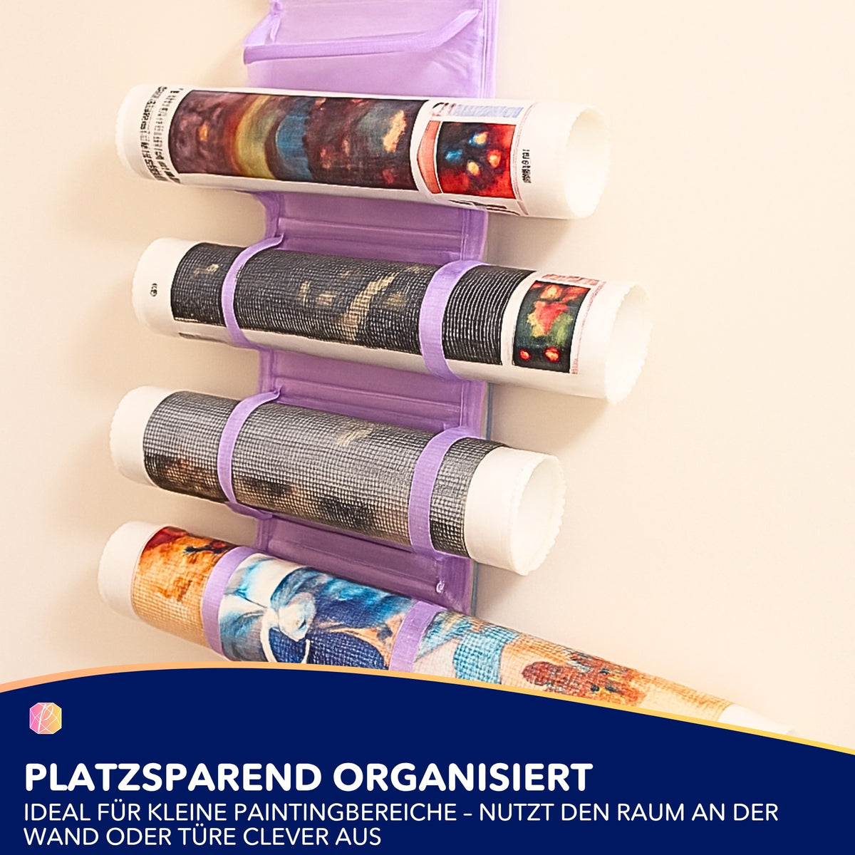 Lila Diamond Painting Aufbewahrung für gerollte Leinwände an der Wand zur platzsparenden Organisation von DIY-Sets