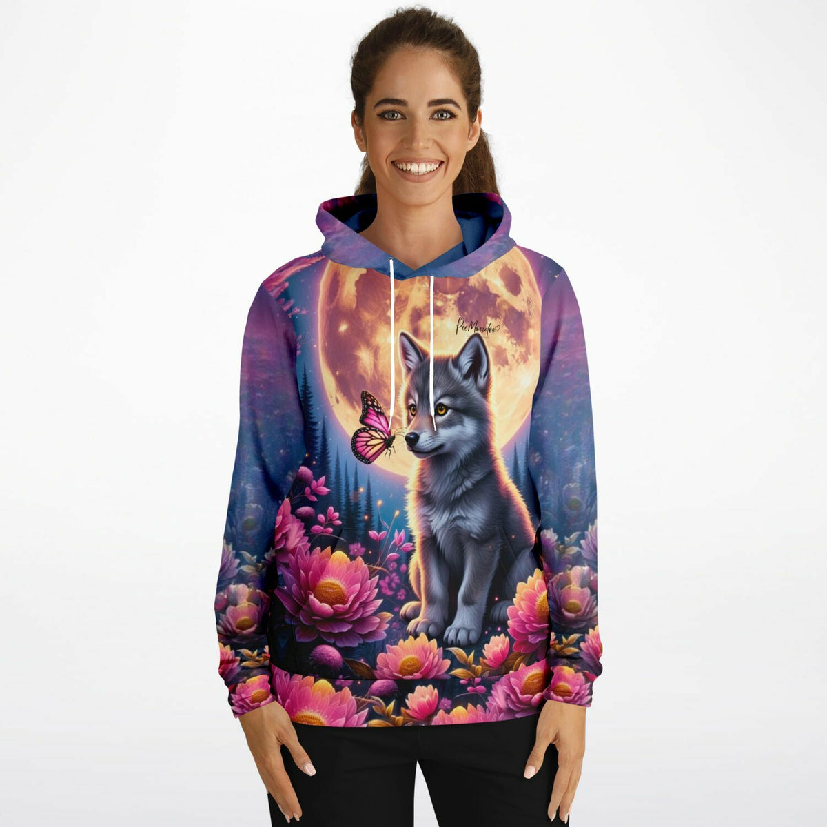 Dreamer Hoodie mit Vollflächendruck: Wolf und Schmetterling vor Vollmond, inspiriert von Diamond Painting Motiven