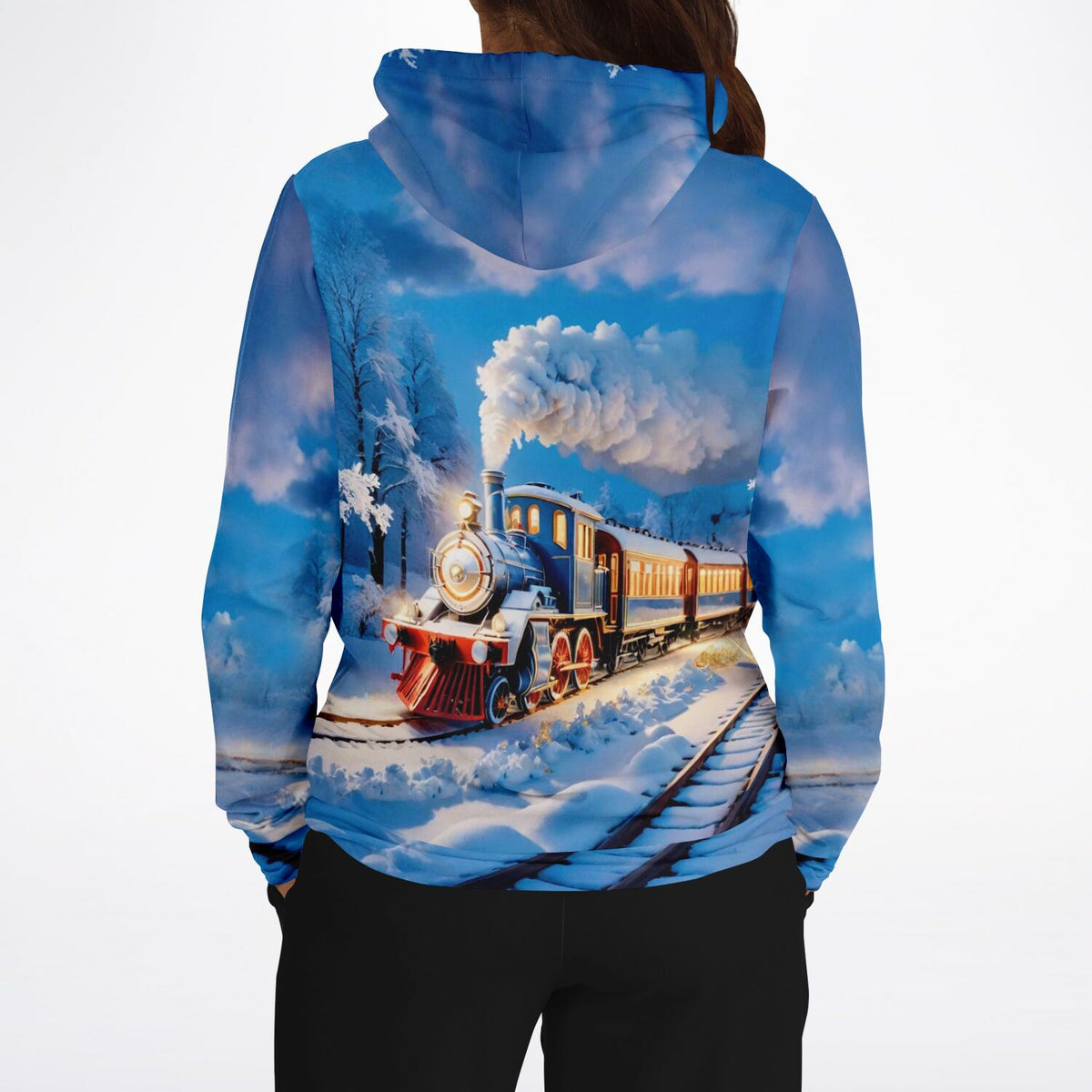 Dreamer Hoodie Night Train mit Dampflokomotive Motiv in verschneiter Winterlandschaft für Kunstliebhaber