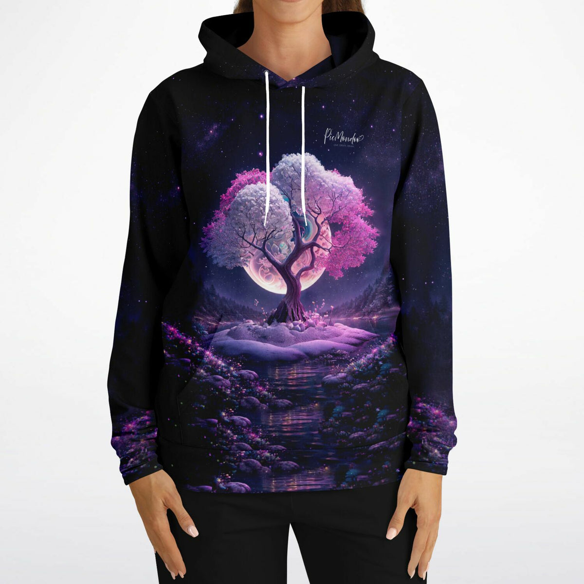 Dreamer Hoodie mit stimmungsvollem Pink Tree at Night Motiv, passend im Stil zu Diamond Painting und Malen nach Zahlen