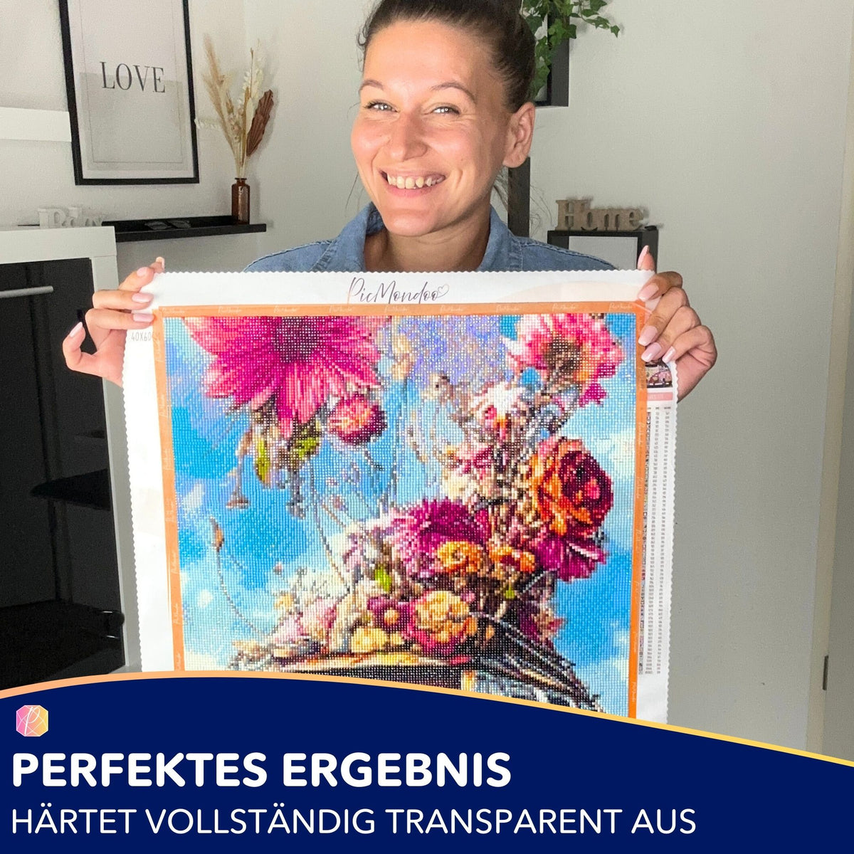 Glänzendes Diamond Painting Blumenmotiv nach Anwendung der Picmondoo Sprayversiegelung für perfekten Schutz und Halt.