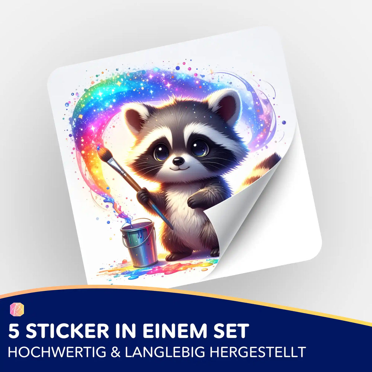 Picmondoo 5er Sticker Set: Niedlicher Waschbär mit Regenbogen-Farben für Diamond Painting und Malen nach Zahlen Fans