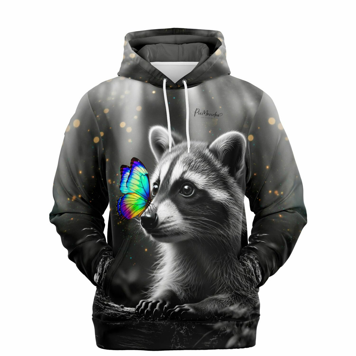 Dreamer Hoodie mit Waschbär und buntem Schmetterling Motiv im Stil unserer Diamond Painting und Malen nach Zahlen Kunst