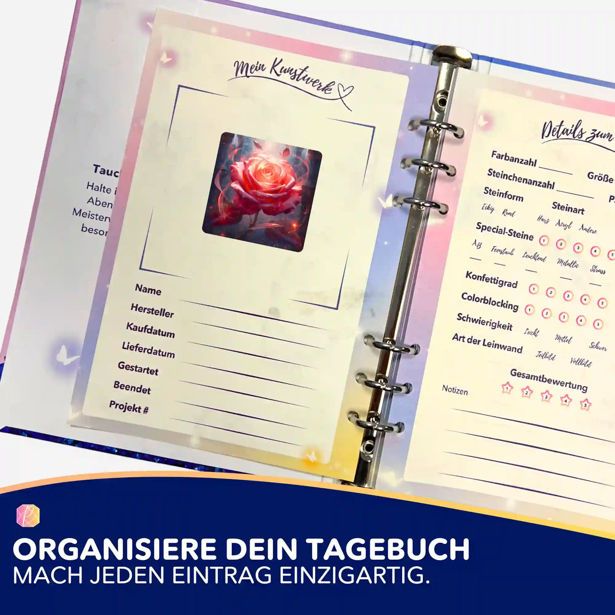 Herzflamme Sticker in einem Diamond Painting Tagebuch zur Organisation von Malen nach Zahlen oder Diamanten Painting Sets