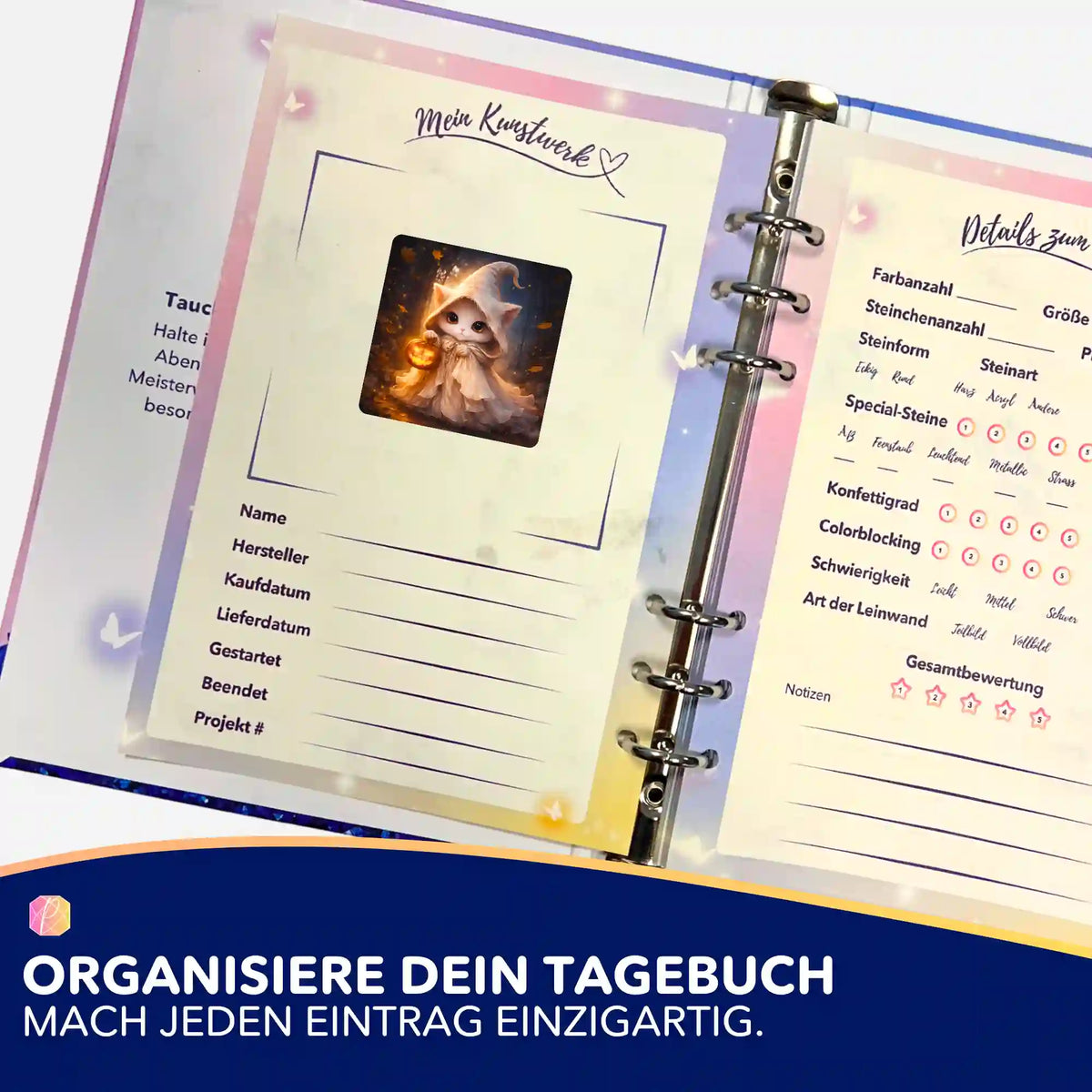 Picmondoo Sticker-Set zur Organisation von Diamond Painting Projekten in einem Hobby-Tagebuch mit Katzen-Motiv Aufkleber.