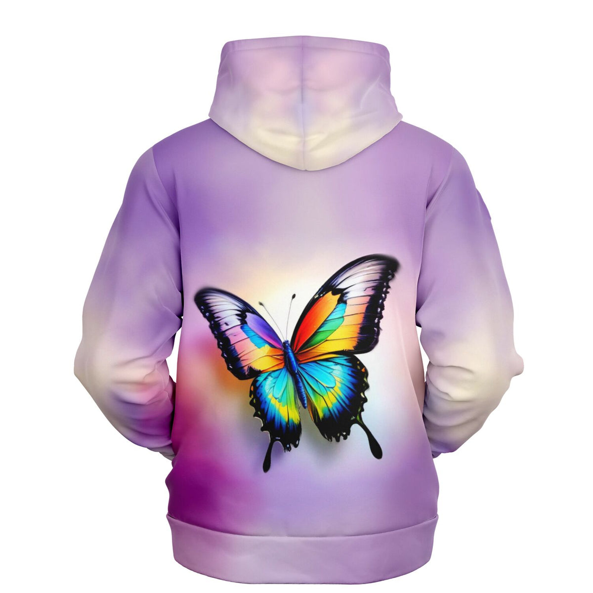 Dreamer Hoodie mit farbenfrohem Schmetterling-Motiv in leuchtenden Farben auf einem pastell-lila Hintergrund.