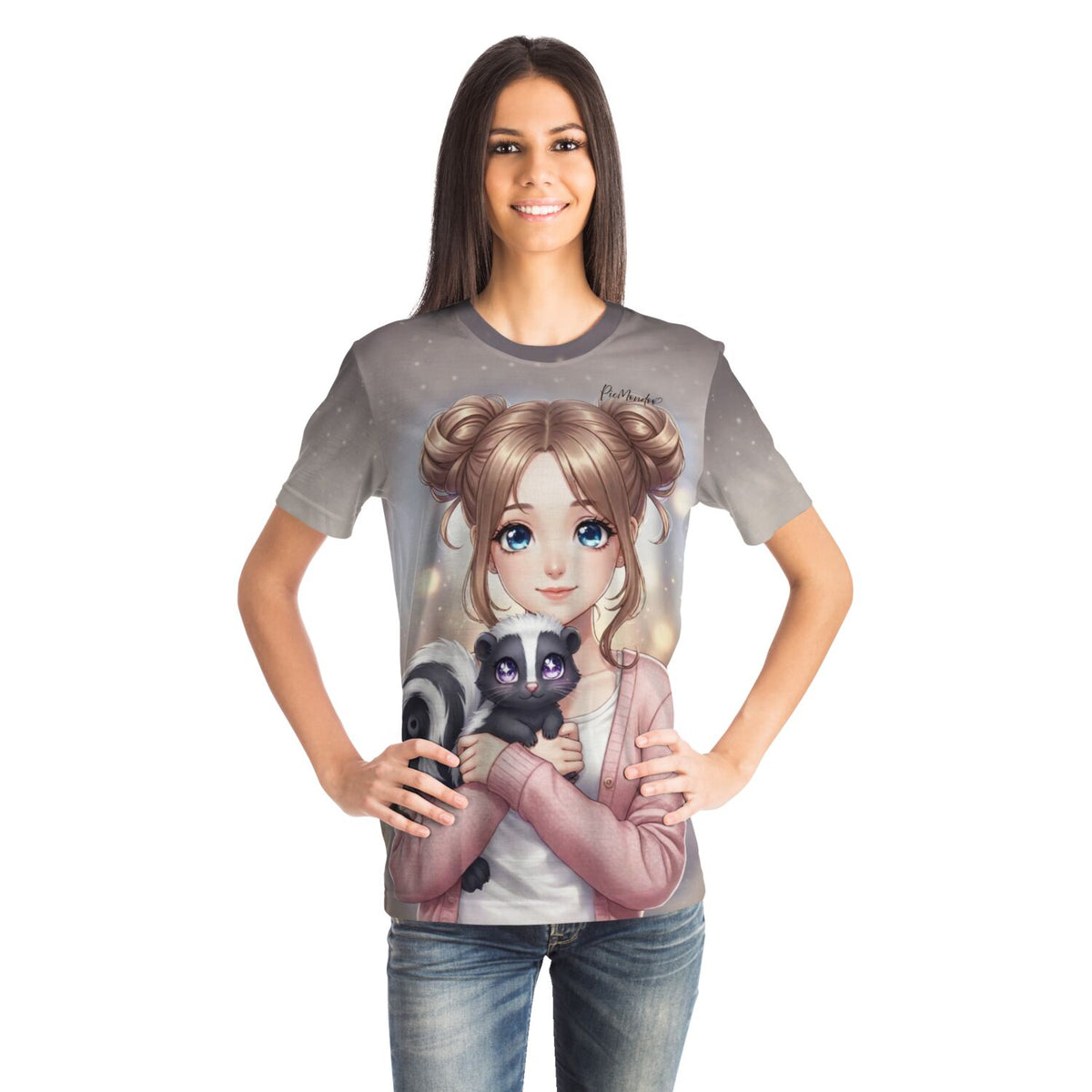 Frau trägt Dreamer T-Shirt mit Yuna und Puki Motiv, inspiriert von Diamond Painting und Malen nach Zahlen Designs