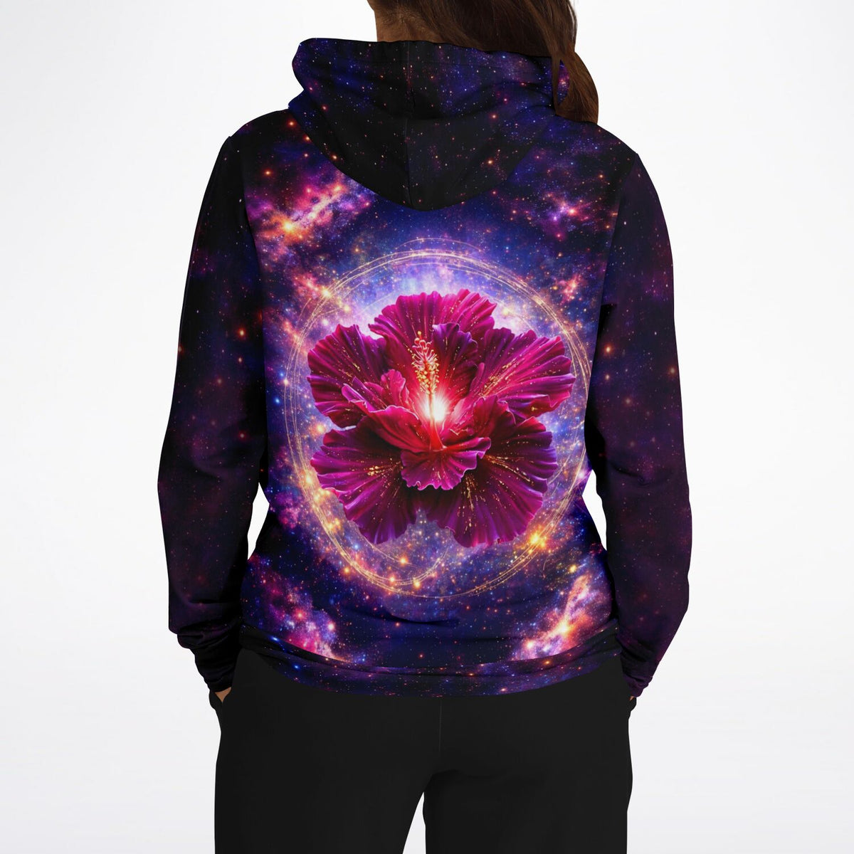 Dreamer Hoodie mit galaktischem Blumen-Motiv, leuchtende Hibiskus-Blüte vor Weltraum-Hintergrund für Fans kreativer Art-Wear