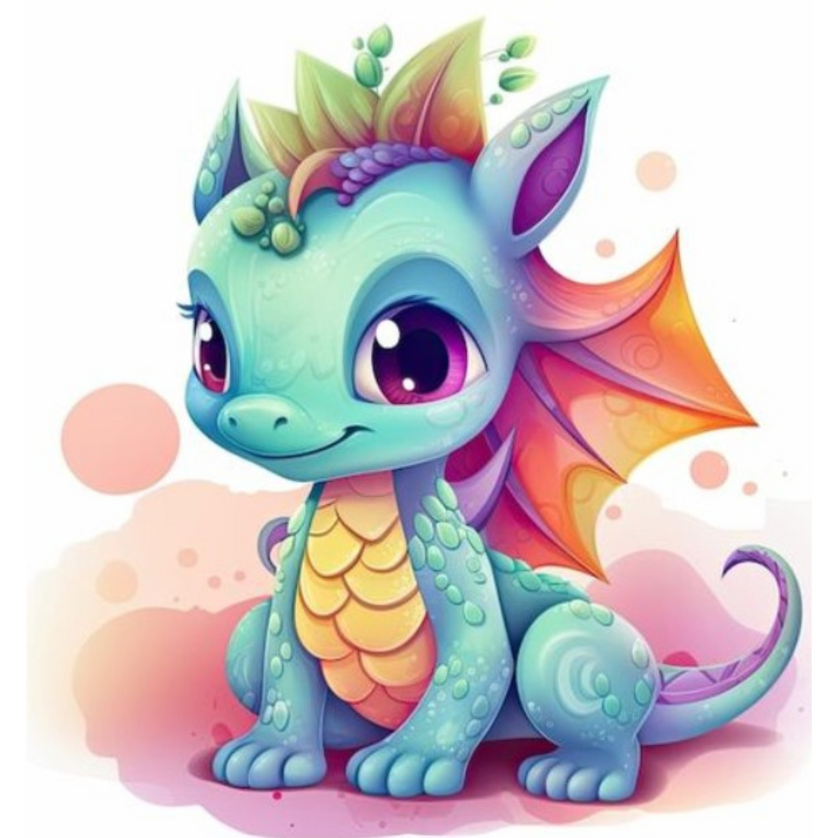 Diamond Painting Set Motiv süßer Baby Drache mit bunten Schuppen und Flügeln, ideales DIY-Bastelset zum Entspannen