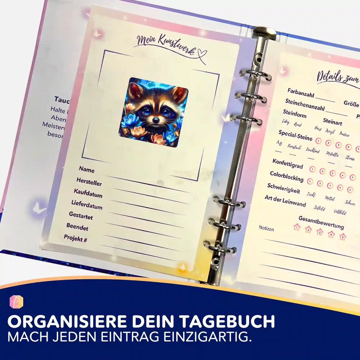 Dekorativer Waschbär-Sticker für Diamond Painting Tagebuch zur Organisation von DIY-Kunstwerken und Malen nach Zahlen