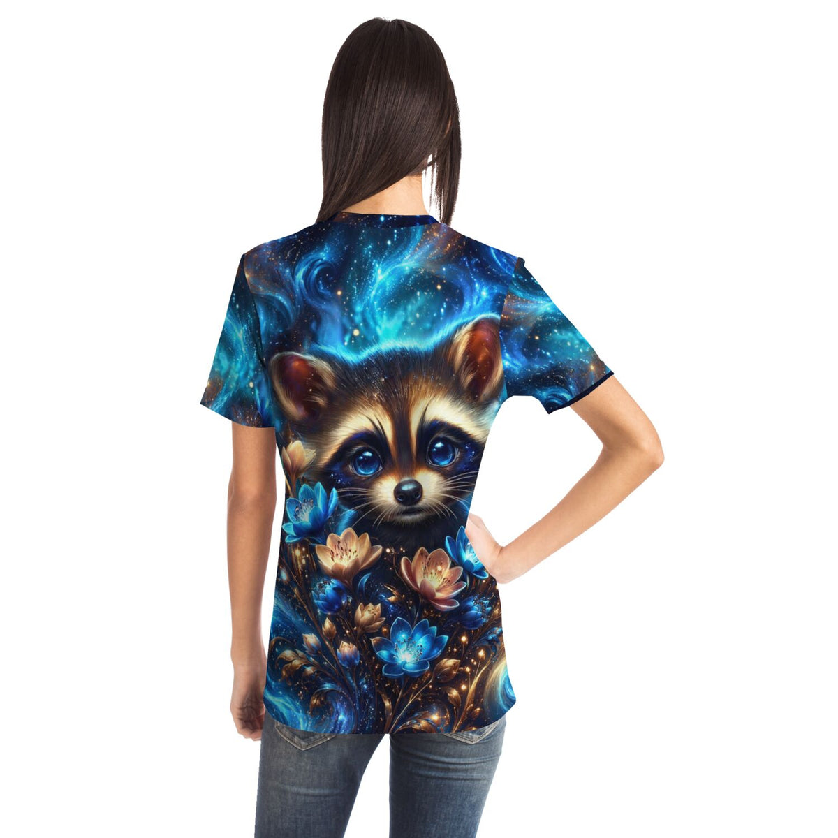 T-Shirt mit Waschbär-Motiv in blauem Galaxie-Design, passend zu künstlerischem Diamond Painting und Malen nach Zahlen