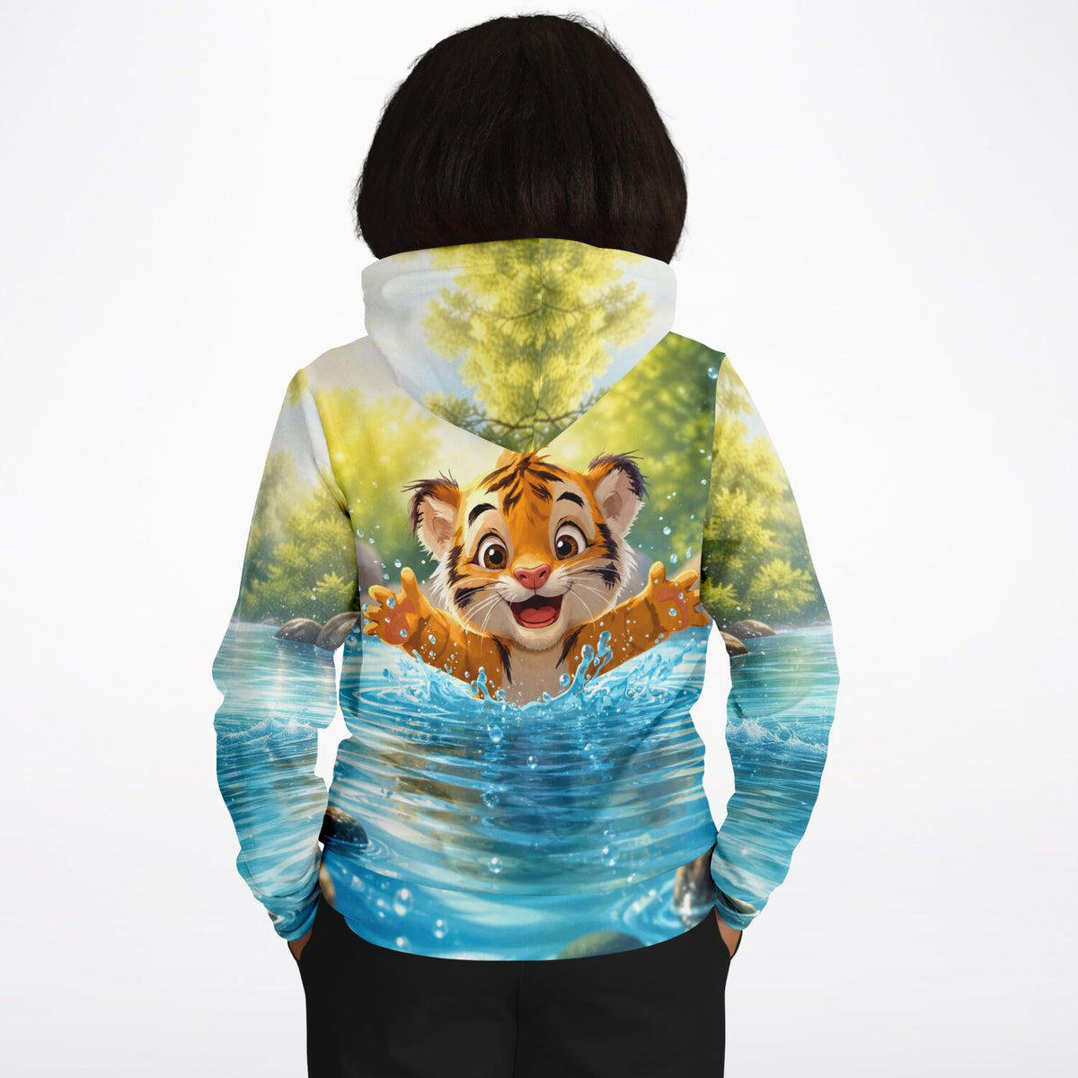Dreamer Hoodie Platsch ins Glück mit süßem Tiger-Motiv, hochwertiger All-Over-Print für Fans von Malen nach Zahlen Designs