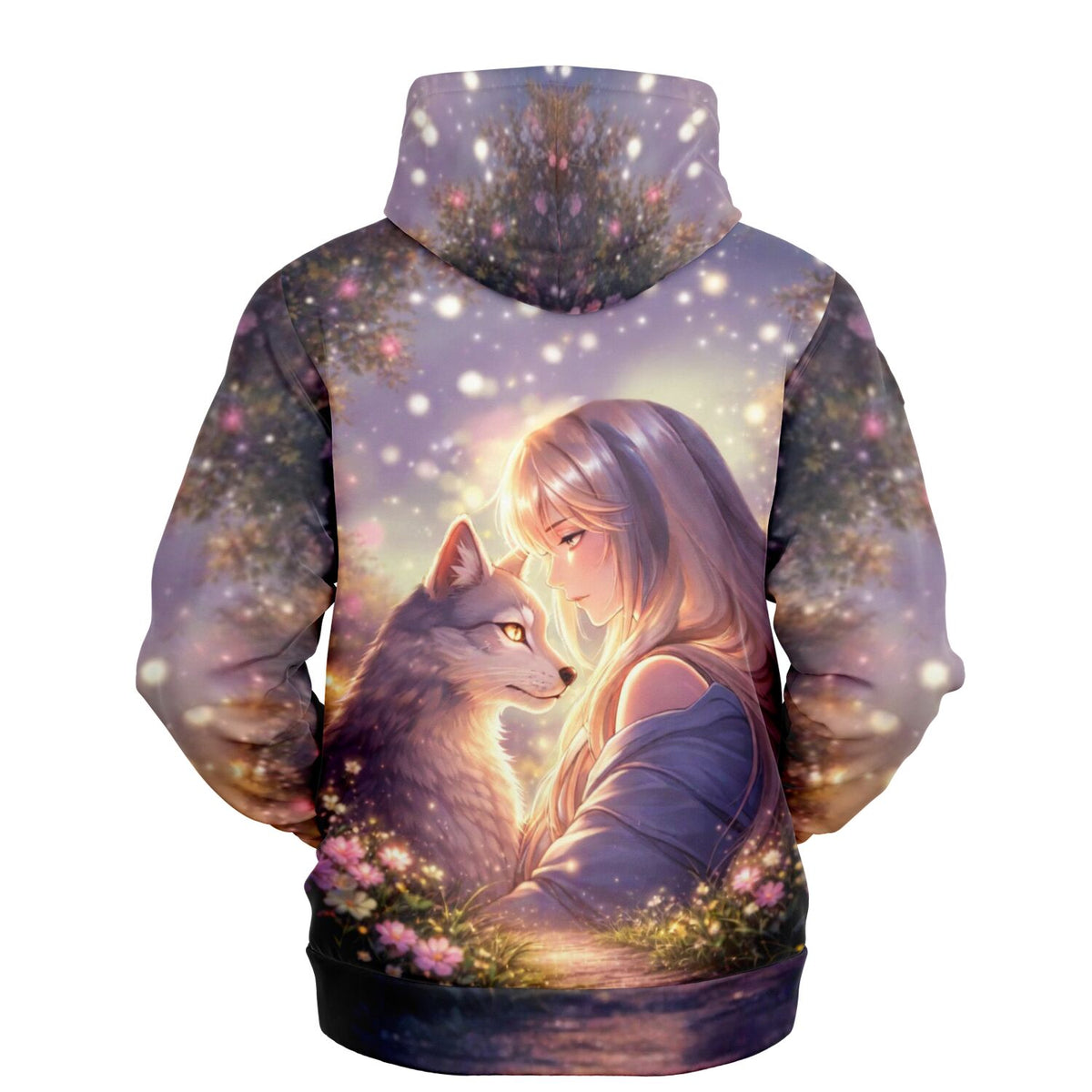 Dreamer Hoodie mit Anime-Motiv eines Mädchens und Wolfs, stilvoll wie ein Diamond Painting oder Malen nach Zahlen Design.