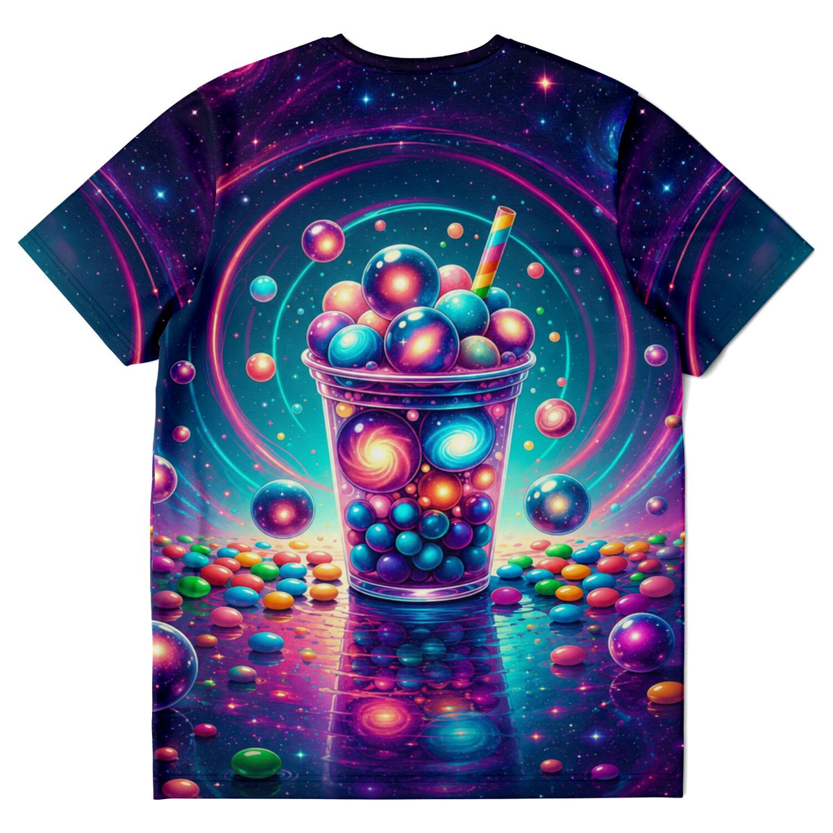 T-Shirt mit buntem Weltraum-Bubble-Tea-Motiv, perfekt als Inspiration für Diamond Painting oder Malen nach Zahlen