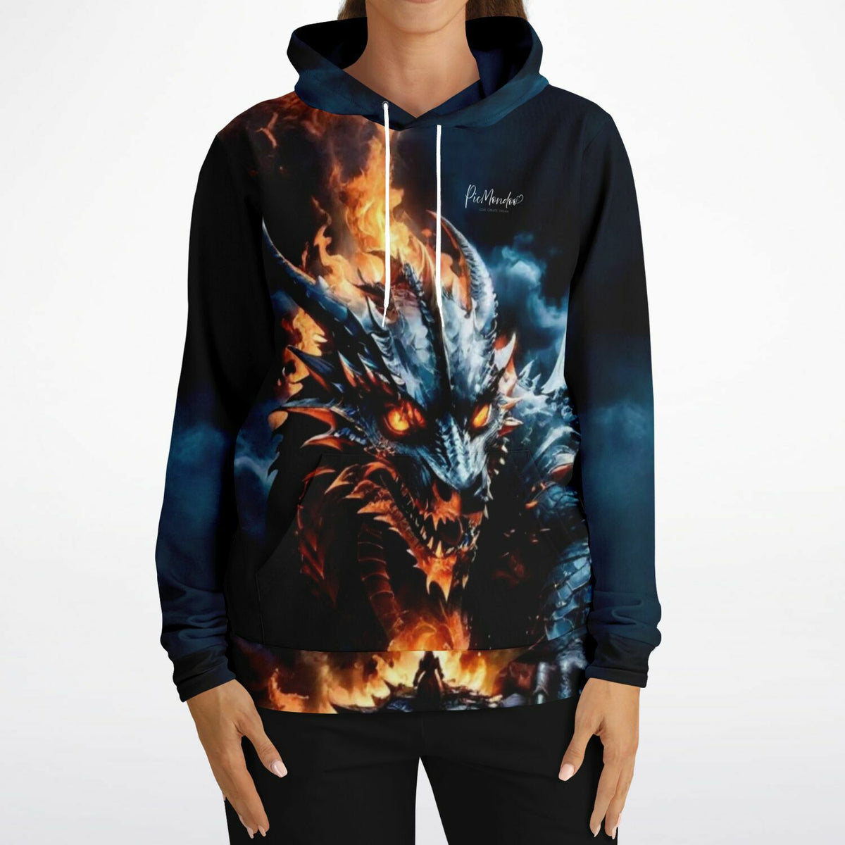 Schwarzer Picmondoo Hoodie mit epischem Drachen-Motiv in Flammen und leuchtenden Augen für Fans von Fantasy-Kunst