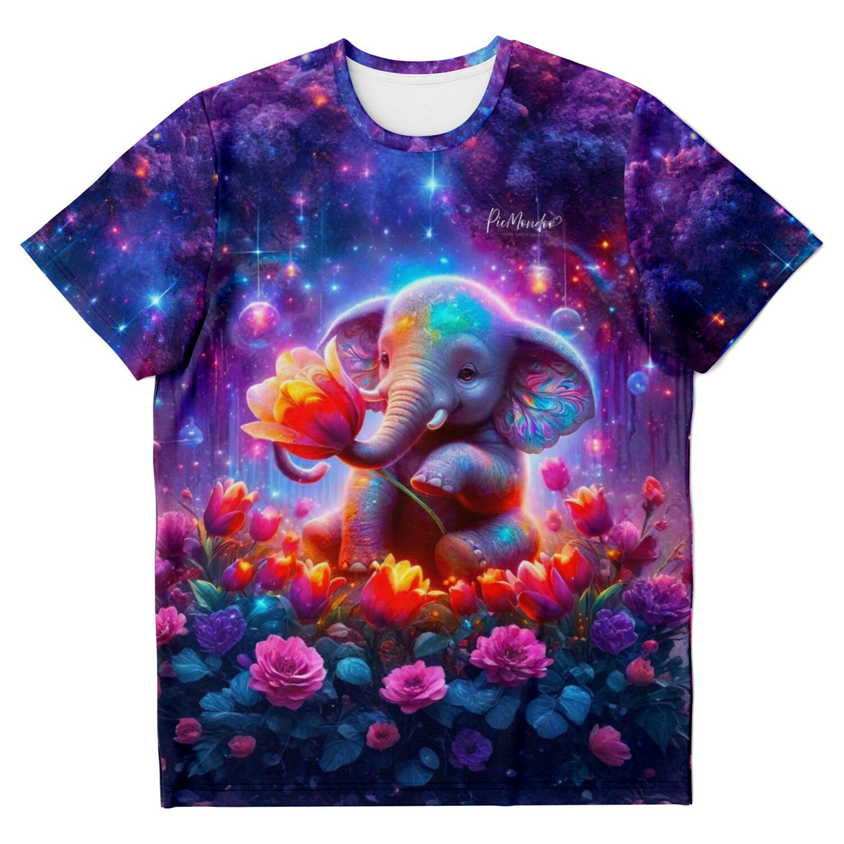 T-Shirt mit buntem Elefantenmädchen-Motiv in einer magischen Blumenwelt, inspiriert von Diamond Painting Designs.