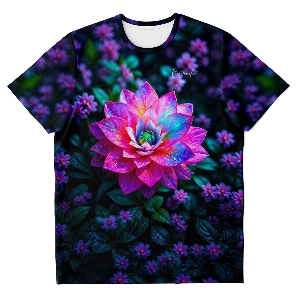 T-Shirt mit Sternenstaub Lotus Motiv in leuchtenden Farben, inspiriert von Diamond Painting und Malen nach Zahlen Kunst.