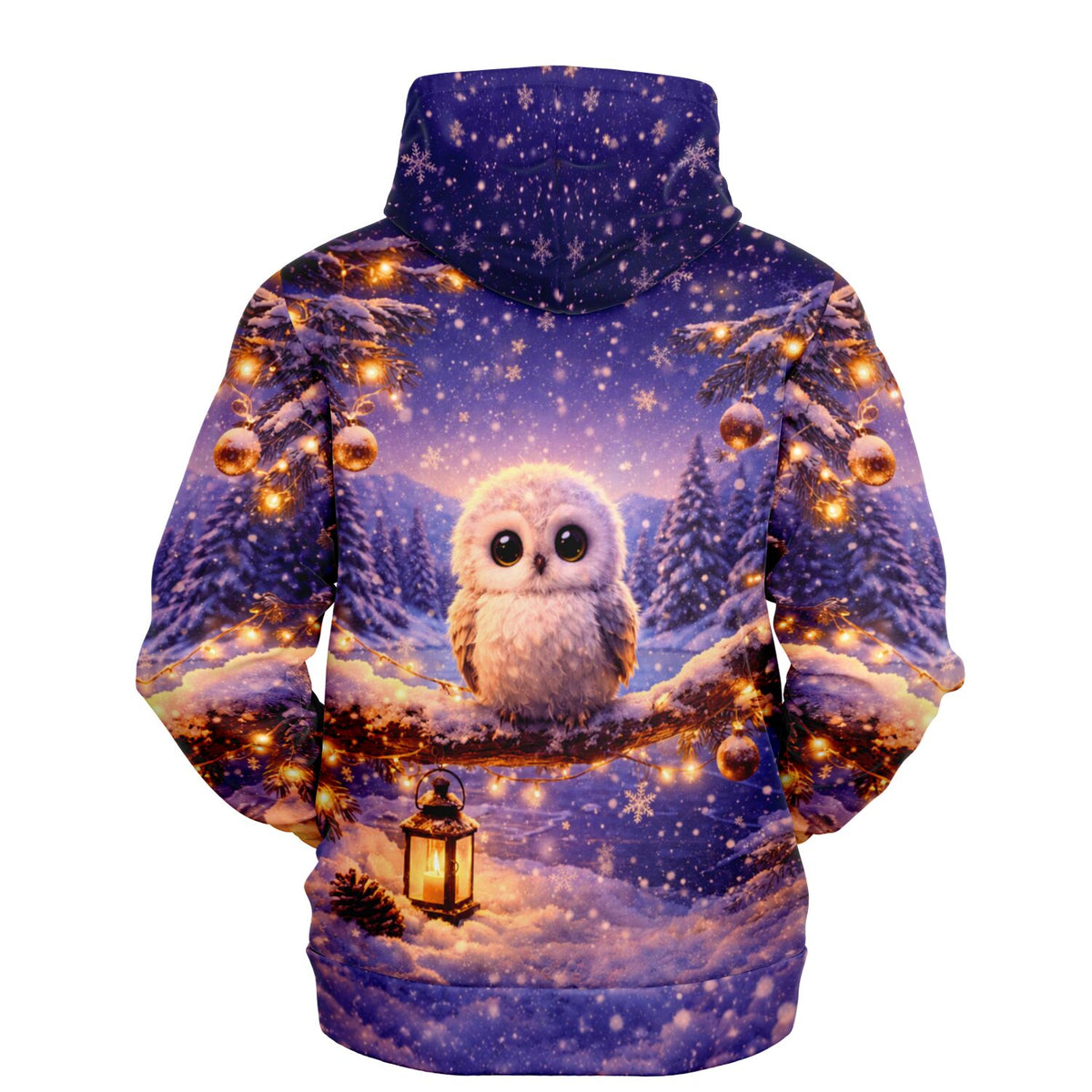Hoodie mit süßer Eule im Winterwald, beleuchtet mit Lichterketten, Laterne und Schneefall, im Stil von Malen nach Zahlen