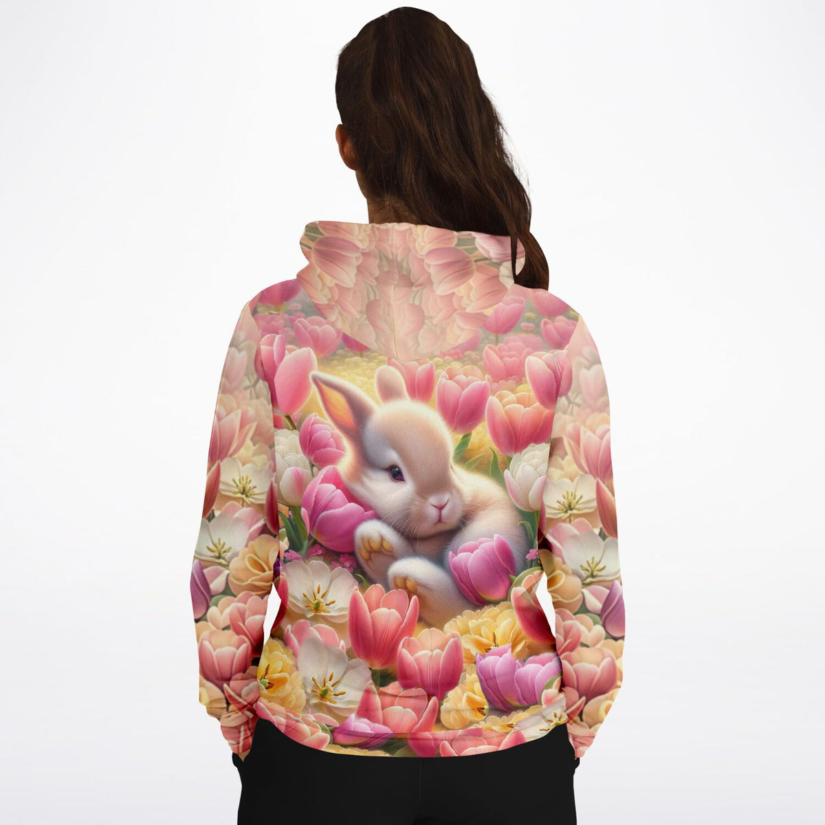 Dreamer Hoodie mit verträumtem Osterhäschen-Motiv inmitten von bunten Tulpen im Stil von Malen nach Zahlen Designs