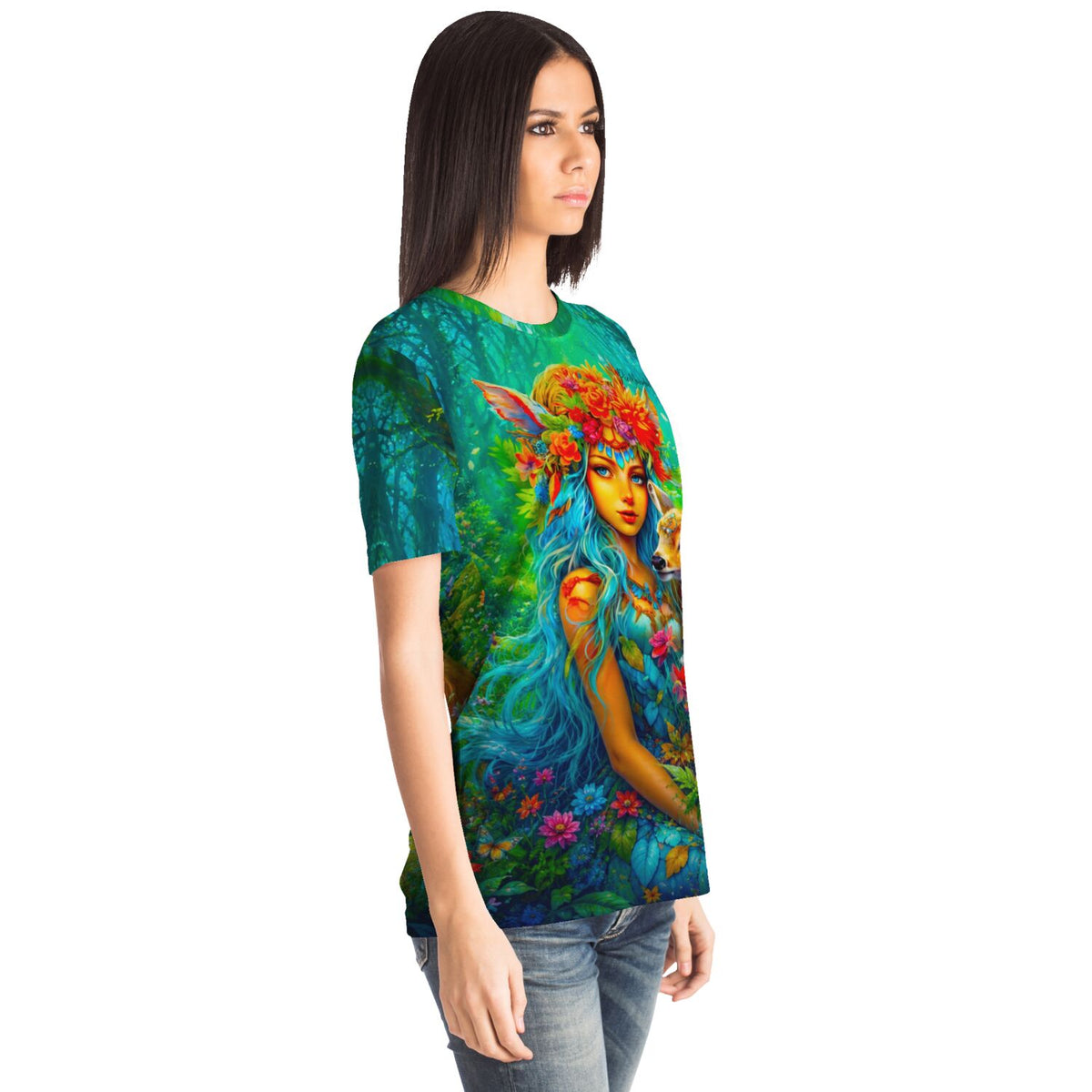Frau trägt T-Shirt mit farbenfrohem Waldmädchen-Motiv im Stil von Diamond Painting und Malen nach Zahlen Designs
