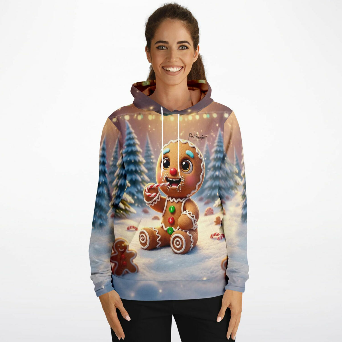 Frau trägt limitierten Lebkuchenmann Dreamer Hoodie mit weihnachtlichem Lebkuchen-Motiv, passend zu Diamond Painting Sets.