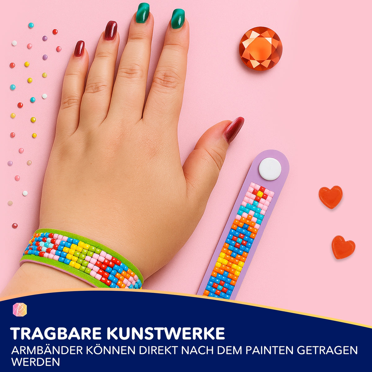 Buntes 5D Diamond Painting Armband Set zum Selbermachen mit glitzernden Schmucksteinen auf einem rosa Hintergrund