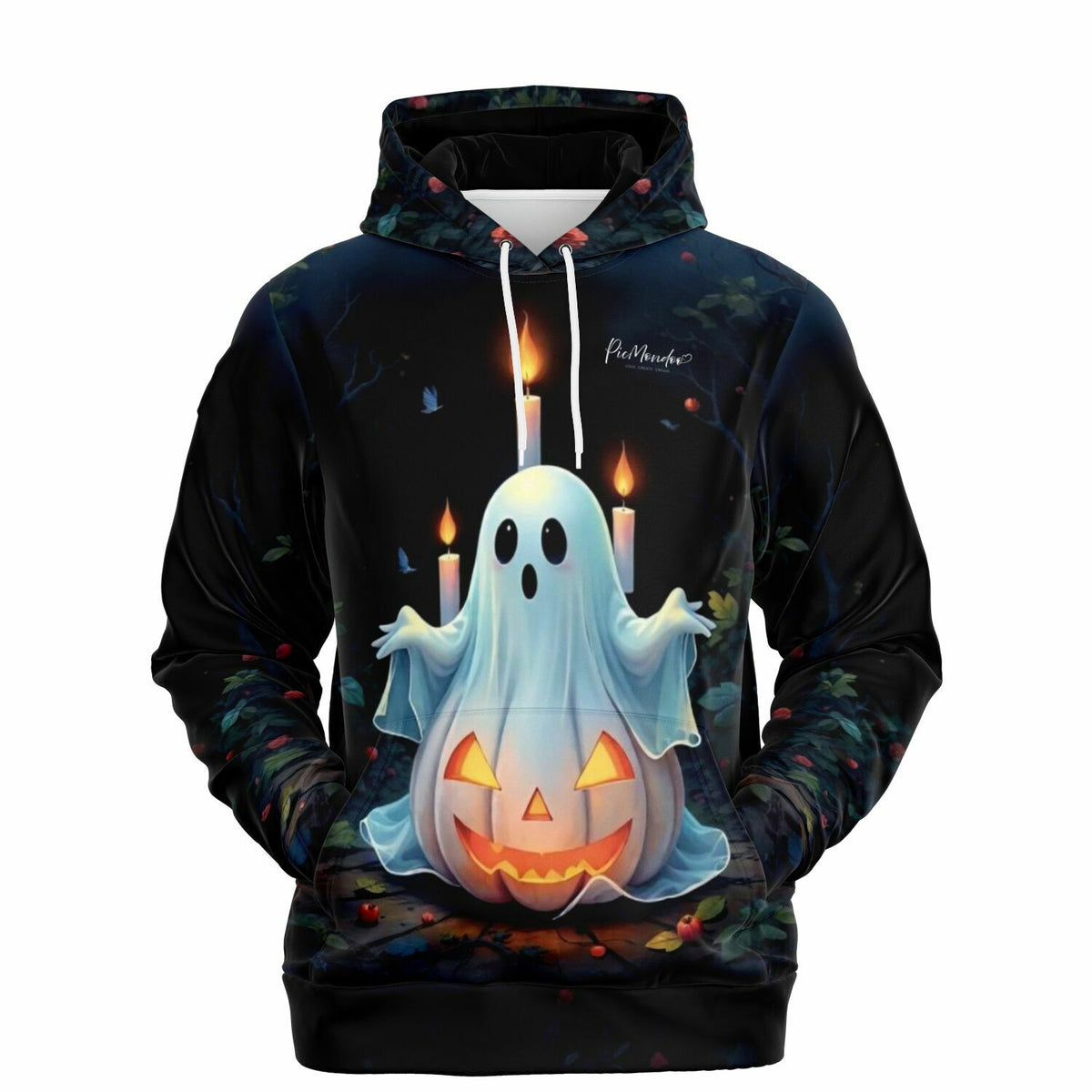 Schwarzer Hoodie mit Halloween Motiv, kleiner Geist auf einem leuchtenden Kürbis, ideal für Fans von Diamond Painting