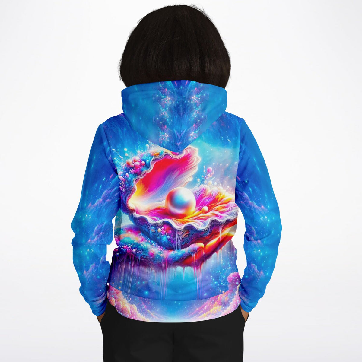 Hoodie mit Zauber des Meeres Motiv – leuchtende Muschel mit Perle im Stil moderner Diamond Painting Kunst