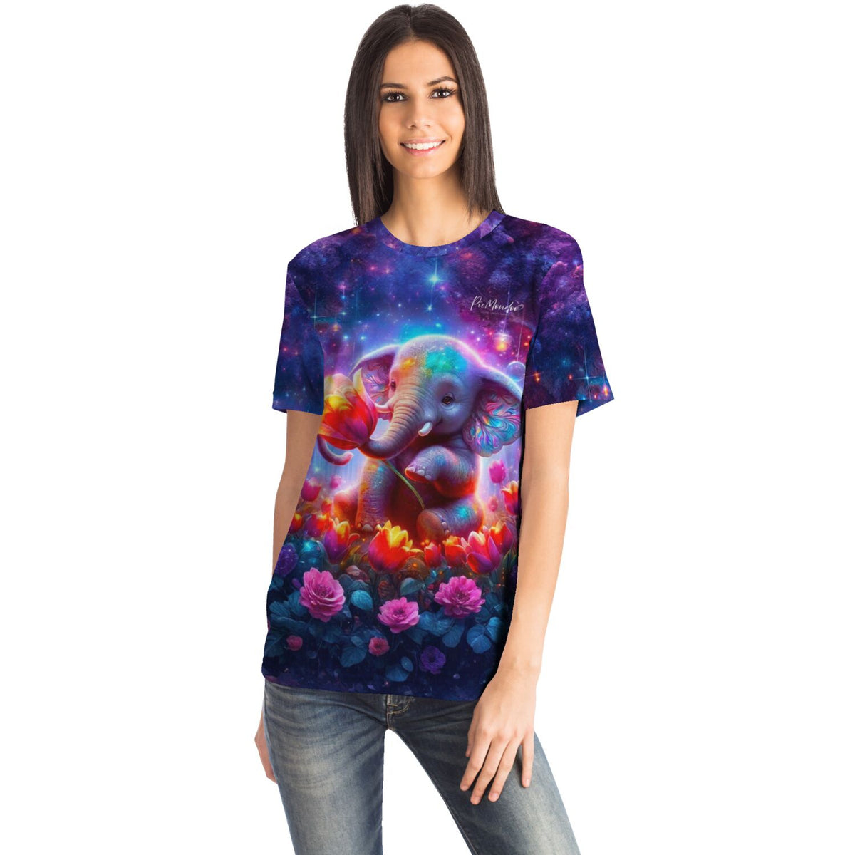 Frau trägt T-Shirt mit farbenfrohem Elefantenmädchen-Motiv, bekannt aus unseren Diamond Painting und Malen nach Zahlen Sets