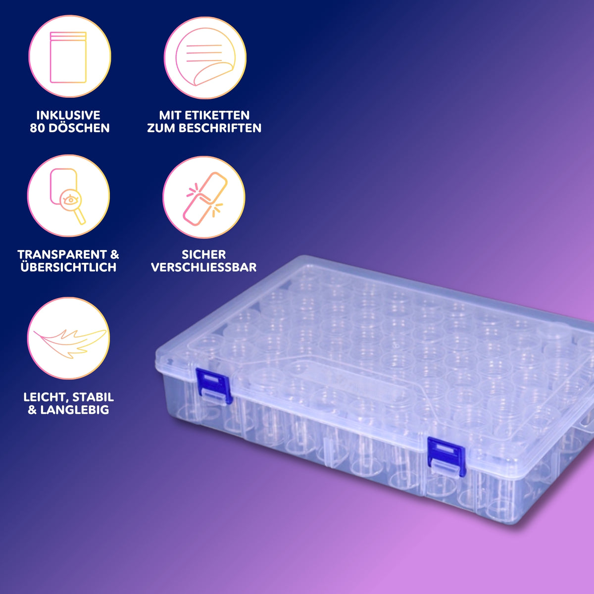Diamond Painting Aufbewahrungsbox mit 80 Döschen für übersichtliches Zubehör-Management und Organisation der Steine.