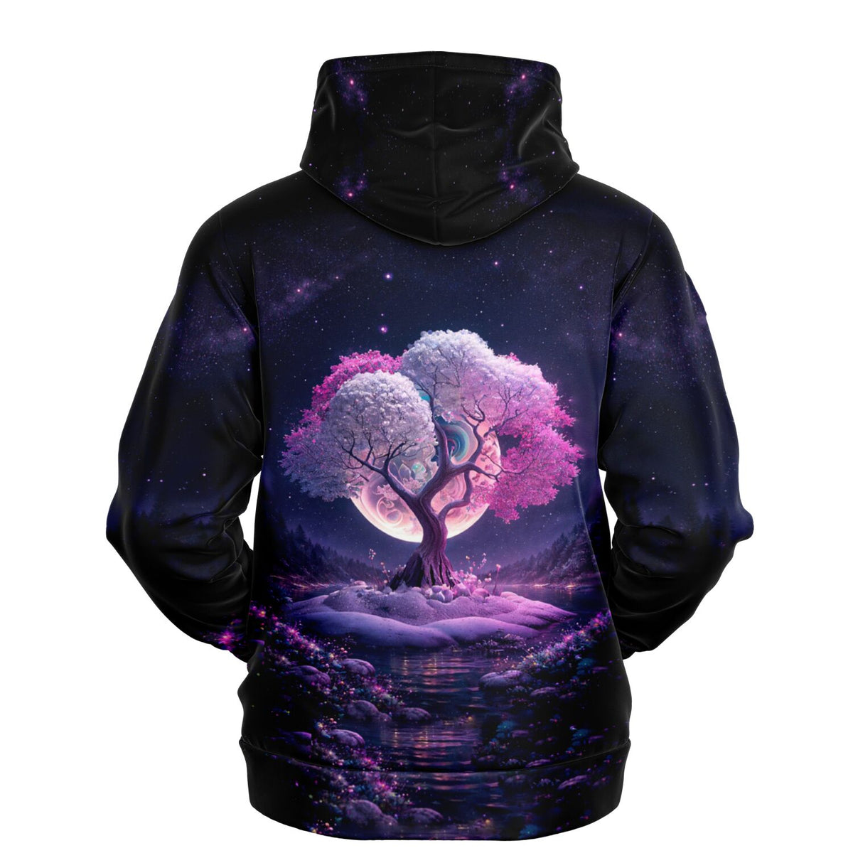 Dreamer Hoodie mit pinkem Baum im Nachthimmel-Design, Ganzkörperdruck ähnlich wie bei Diamond Painting Motiven